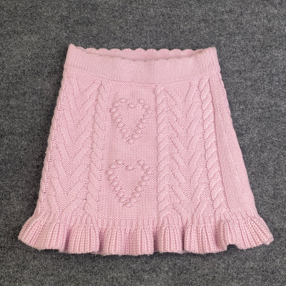 LoveShackFancy Pink Cable Knit Heart Mini Skirt Ruffle Hem Small Barbiecore